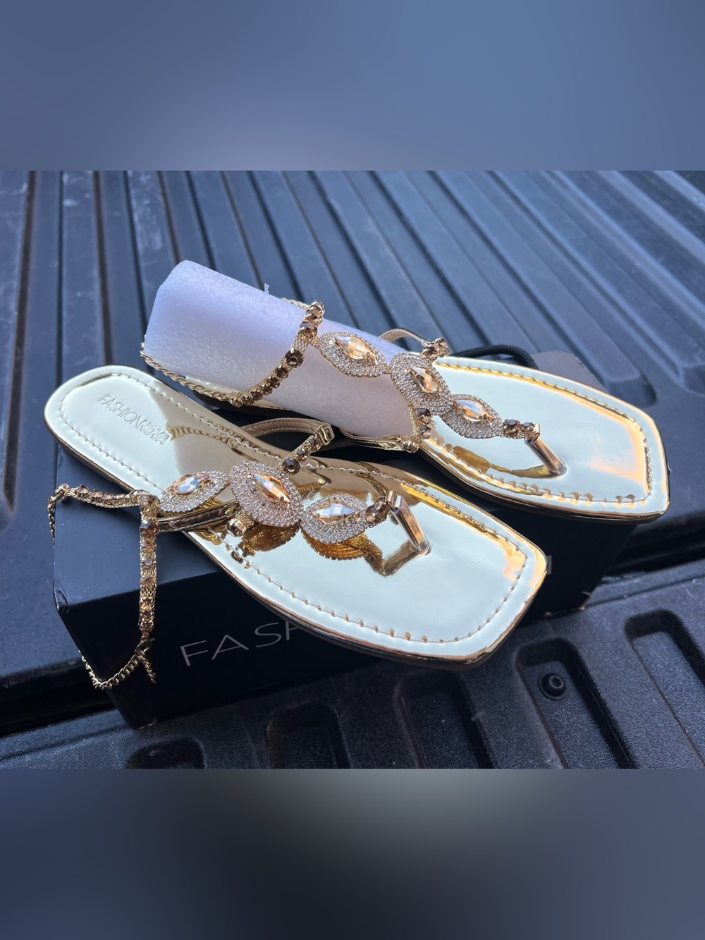 Fashion Nova Rhea Metallic Rhinestone Gold Flat T-Strap Sandals - Size 7.5